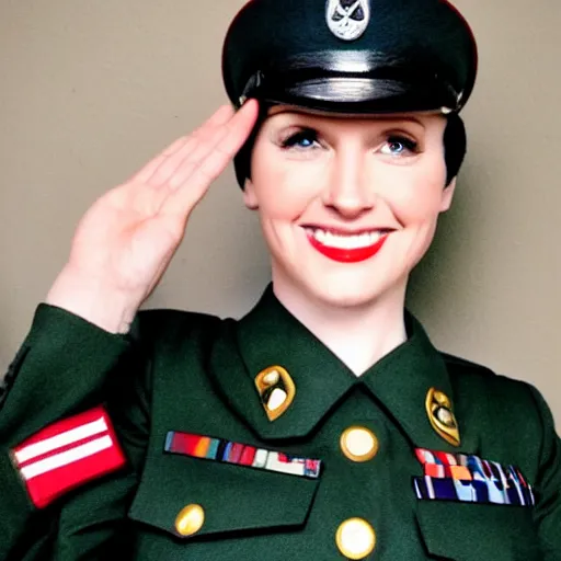 Image similar to brunette woman, short hair, flipped out hair, black military uniform, smirk, propaganda