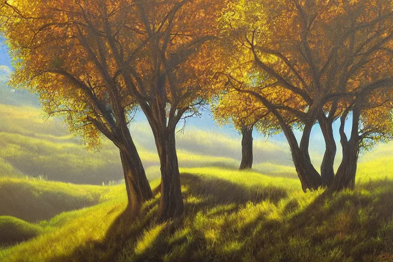 Image similar to masterpiece painting of oak trees on a hillside overlooking a creek, dramatic lighting, by april gornik
