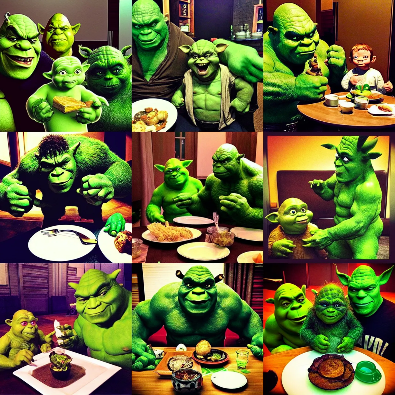 Prompt: “shrek, hulk and yoda eat dinner together”