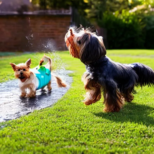 Image similar to a young yorkie dog, playing in the back yard after it rained on a cloudy day, and a kid running around with them, realistic photo