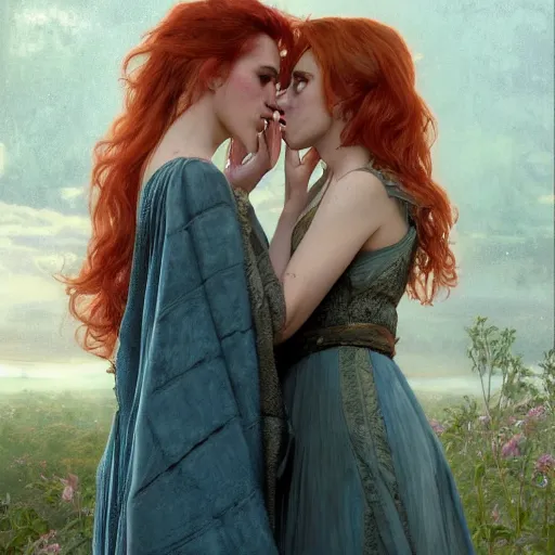 Prompt: an extremely detailed portrait of scarlett johansson and emma watson and christina hendricks as three polyamorous red haired vampire queens kissing in the rain sheltering under a large blue blanket, epic fantasy, viewed in profile from far away, sharp focus, detailed face, art by greg rutkowski and alphonse mucha, volumetric lighting, 4 k resolution, trending on artstation, masterpiece