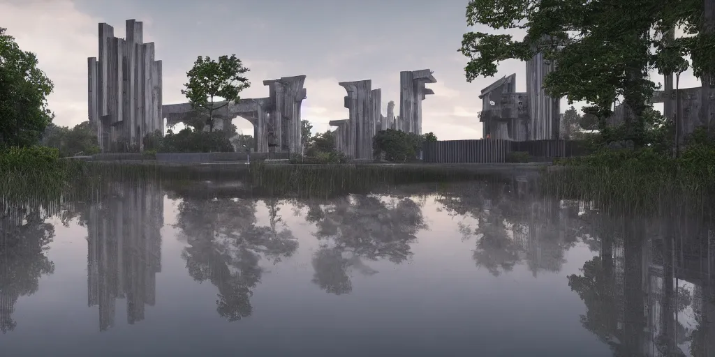 Prompt: a stunningly detailed cathedral of brutalist architecture, surrounded by lush green forest, ponds of water, stunning volumetric lighting, sunset, metal, concrete, stunning skies, trending on Artstation, 8k, photorealistic, hyper detailed, unreal engine 5, IMAX quality, cinematic, epic lighting, in the style of Greg Rutkowski