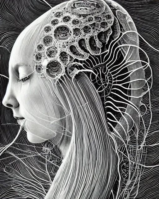 Prompt: mythical dreamy black and white organic bio - mechanical spinal ribbed profile face portrait detail of beautiful intricate monochrome angelic - human - queen - vegetal - cyborg, highly detailed, intricate translucent jellyfish ornate, poetic, translucent microchip ornate, photo - realisitc artistic lithography in the style of hg giger