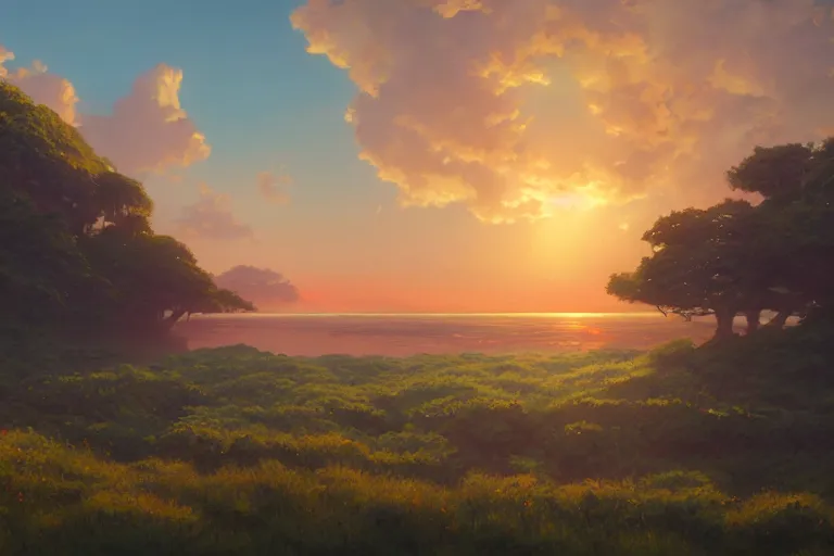 Image similar to a highly detailed matte painting of beautiful sunset by studio ghibli, makoto shinkai, by artgerm, by wlop, by greg rutkowski, volumetric lighting, octane render, 4 k resolution, trending on artstation, masterpiece