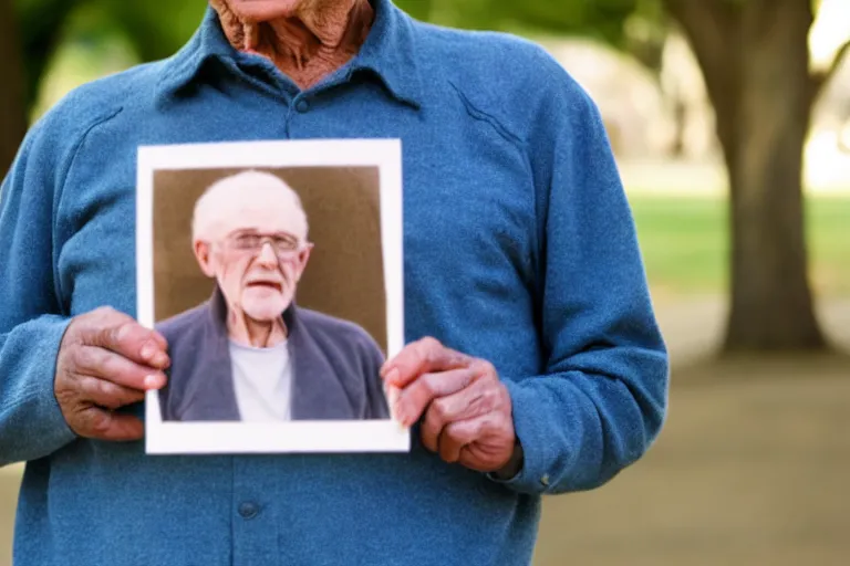 Image similar to young man holding a photograph of him as a old man