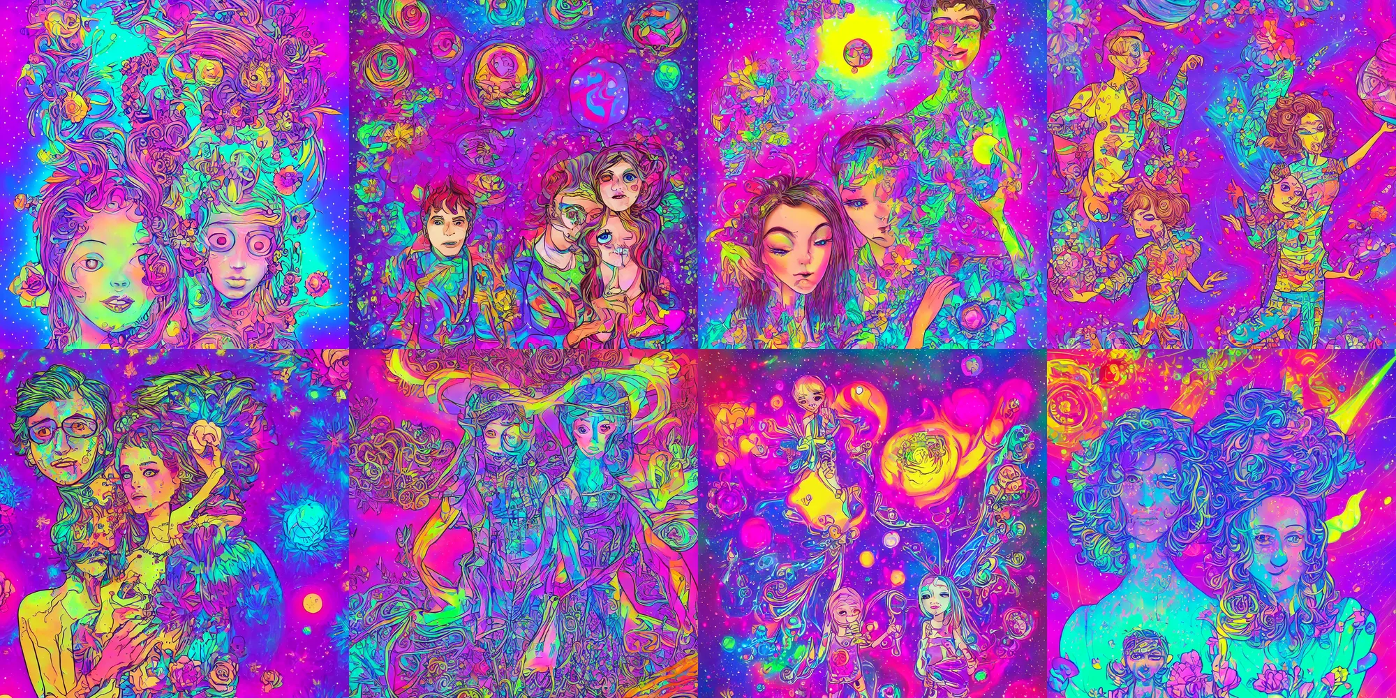 Prompt: a boy and a stunning girl. atoms floating gothic harts flowers, spaceships, in the style of lisa frank, behance contest winner, bright color splashes psychedelic art, high detailed