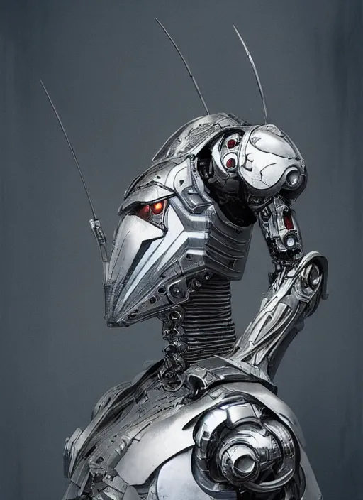 Image similar to portrait of a futuristic silver armored knight district 9 cyborg, modern fine art, fractal, intricate, elegant, highly detailed, digital photography, subsurface scattering, by jheronimus bosch and greg rutkowski,