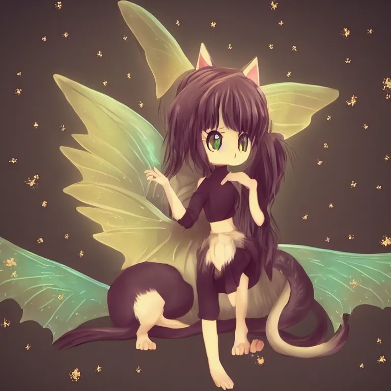Prompt: cute, full body, female, anime style, a cat girl with fairy wings patting a small dragon, large eyes, beautiful lighting, sharp focus, simple background, creative, heart effects, filters applied, illustration