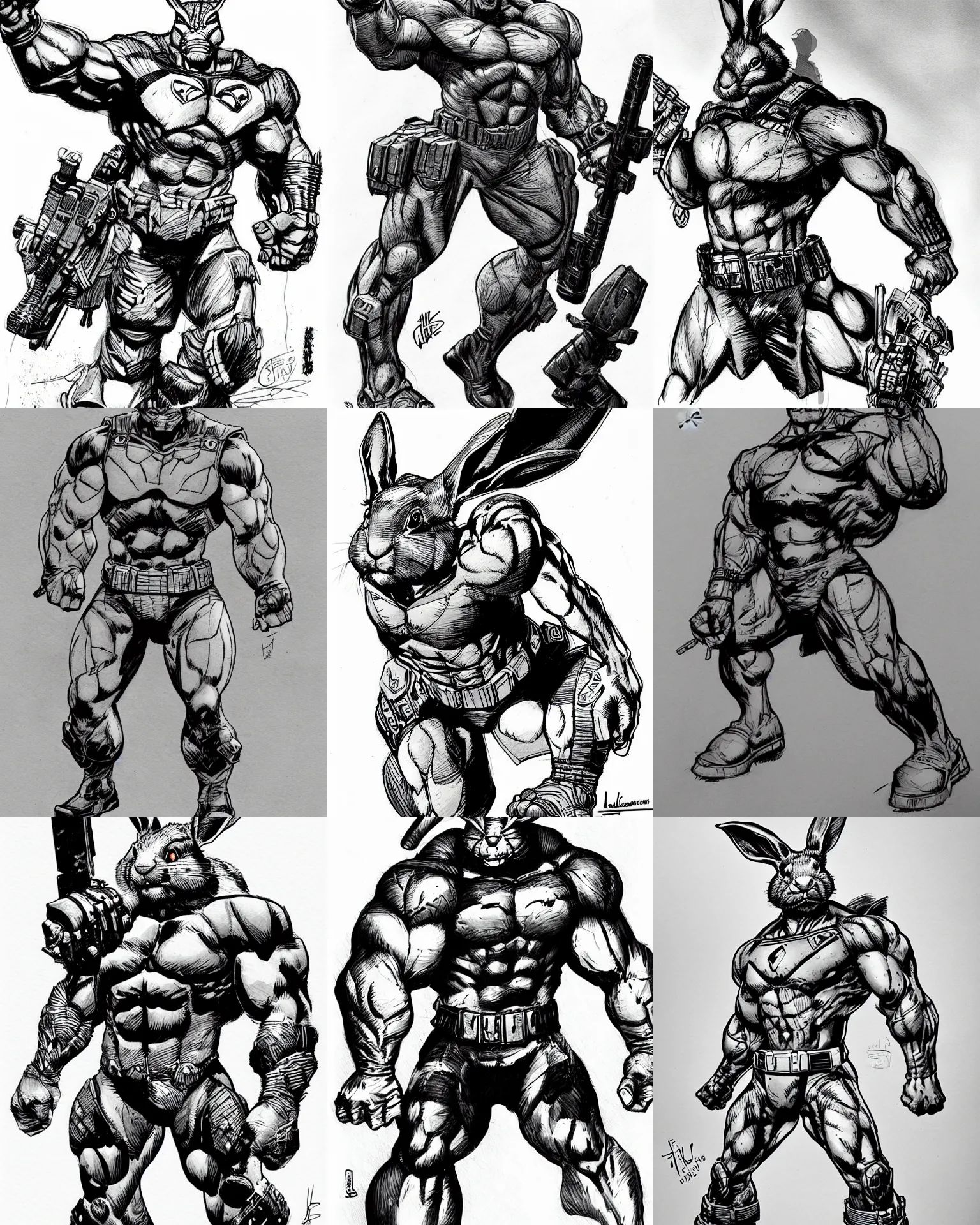 Prompt: rabbit!!! jim lee!!! medium shot!! flat grayscale ink sketch by jim lee close up in the style of jim lee, dramatic flexing pose swat soldier armor borderlands hulk rabbit animal by jim lee