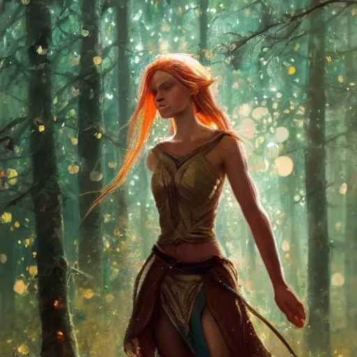 Image similar to portrait of a proud elf, her hair is copper, she is a wood elf, shade and sparkles, trees and leave are surrounding her, calm piece, masterpiece, oil on canvas, art by Greg Rutkowski and Karakter, trending on artstation, delicate, sharp focus, 4k, digital art
