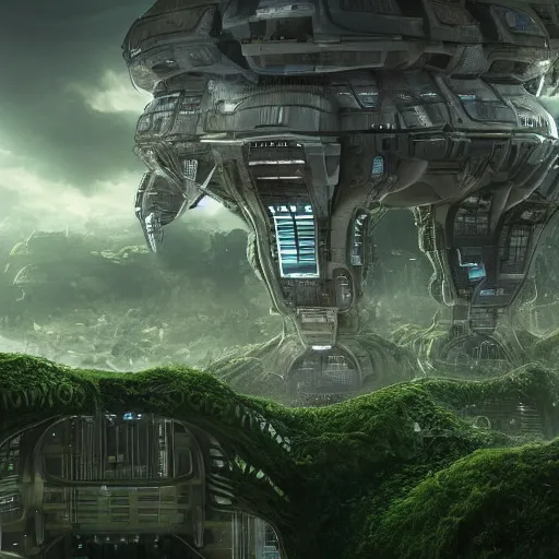 Prompt: a city built from the shell of a crashed sci fi spaceship, in a verdant, overgrown setting. Highly detailed, 4k