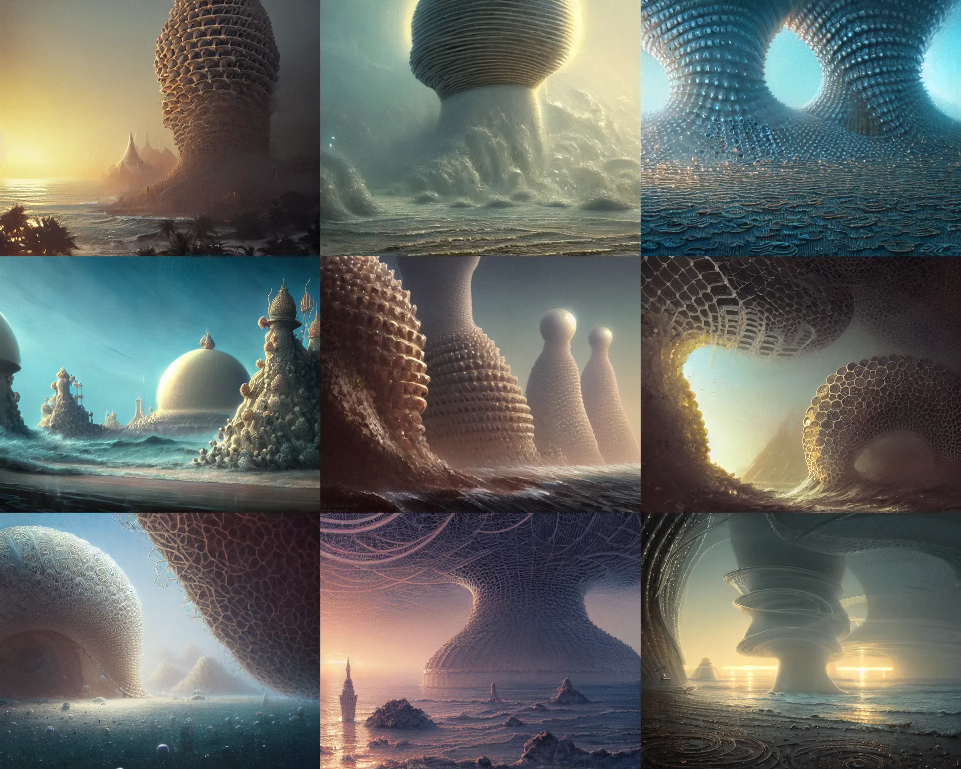 Prompt: 5 5 mm portrait photo of away from the beach, were a cluster of spiral pearly growths, domes and towers of spun diamond, buildings like coral or like nautilus shells. 8 0 s atmosphere. art by greg rutkowski. highly detailed 8 k. intricate. lifelike. soft light. nikon d 8 5 0.