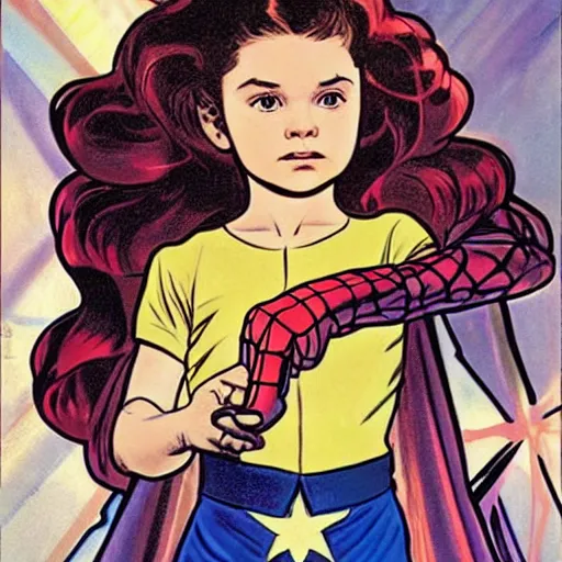 Image similar to a little girl with a mischievous face and light brown curly wavy hair and blue eyes. she is dressed as captain america, spider - man, batman, captain marvel, a superhero. well composed, clean elegant painting, beautiful detailed face. comic book art by steve ditko and jack kirby and ( alphonse mucha )