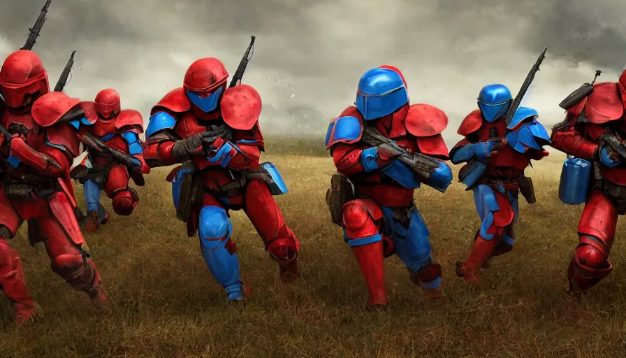 Image similar to mid action shot cinematic artwork of 2 armies, one army wearing blue armor fighting another army wearing red armor on the battlefield by greg rutowski, masterpiece, 4k