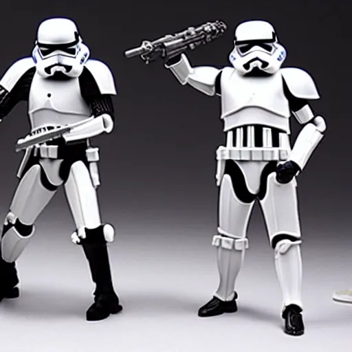 Image similar to starwars in robot chicken show, Darth Vader and stormtroopers, adult swim, action figures