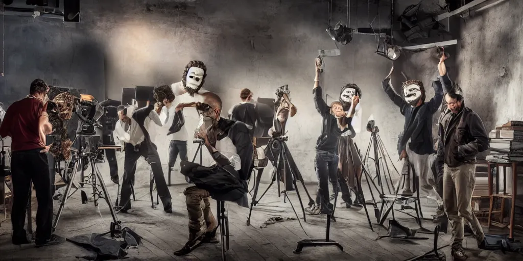 Prompt: several actors wearing theatrical acting mask, rehearsing on a movie set studio, with cinema camera, HDR light stands, director's chair, film shooting equipments, atmospheric, dramatic lighting, oil painting, hyper realistic, detailed