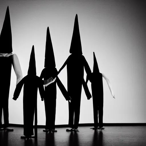 Prompt: conehead puppets wearing suits praying around a illuminated black cube, film grain