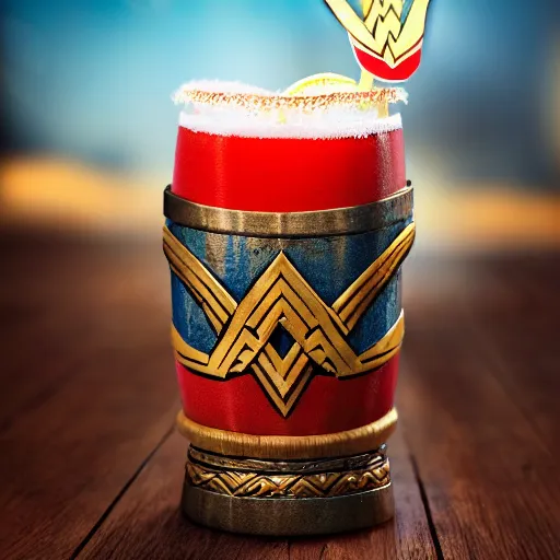 Prompt: a closeup photorealistic photograph of a wonder woman style tiki mug placed on a trader vic's bar. tiki theme. bright scene. fine detail. this 4 k hd image is trending on artstation, featured on behance, well - rendered, extra crisp, features intricate detail, epic composition and the style of unreal engine.