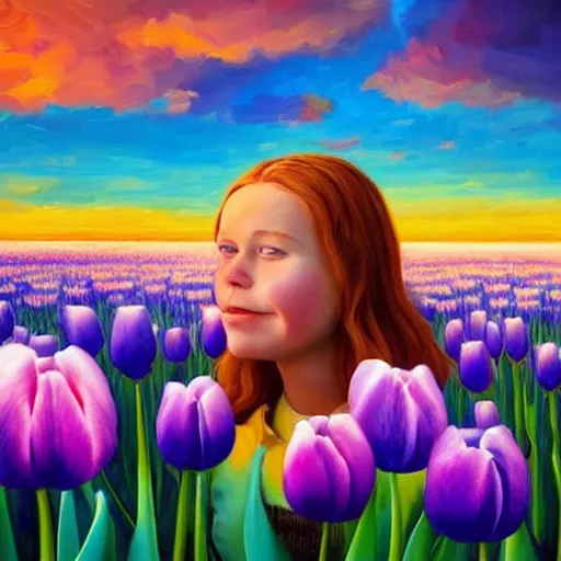 Image similar to dutch girl with one giant tulip as a face, surreal photography, flower field, sunset dramatic light, impressionist painting, colorful clouds, blue sky, digital painting, artstation, simon stalenhag