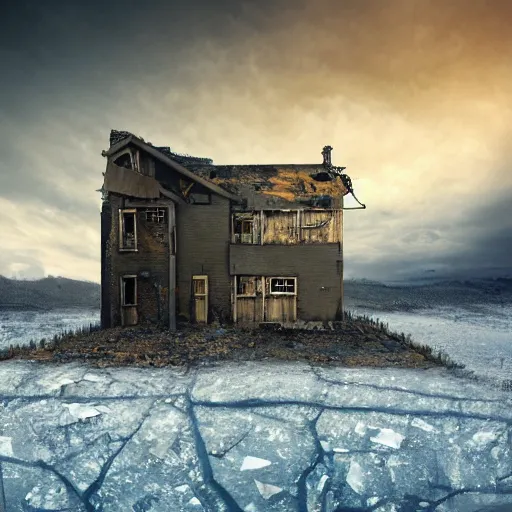 Prompt: a distorted post-apocalyptic landscape with a singular iron-made 10-foor house near the frozen lake hd 8k photo