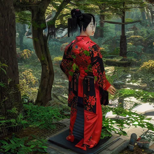 Image similar to cyberpunk geisha in japanese forest, epic, ultra detail, ultra realistic, photorealistic, 4k, god rays, highly detailed, full body, ornate, cinematic lighting, trending on artstation, hyperrealistic, focused, high details, unreal engine 5, cinematic