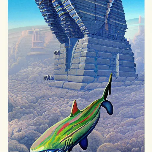 Image similar to side view a beautiful painting of a shark palace by angus mckie, trending on artstation future space, sphyrna zygaena