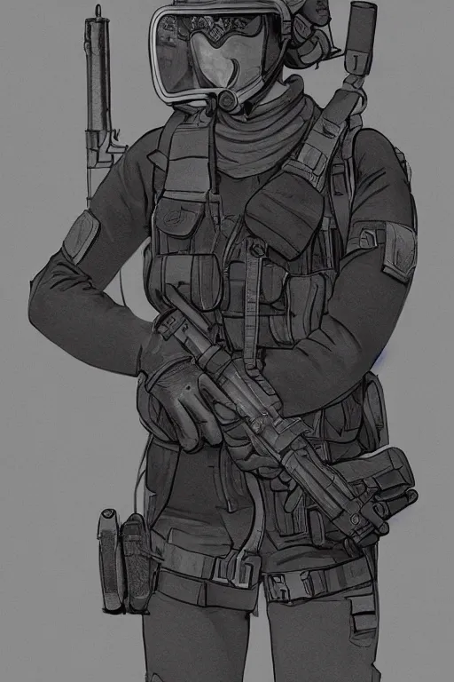 Image similar to british sas female operative with the standard s 1 0 gas mask and the black uniform, 8 0 s, artstation, trending on artstation, establishing shot