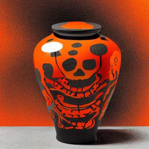 Prompt: skeletons running painted on a roman jar, abstract, orange theme, 8k resolution, sodium light