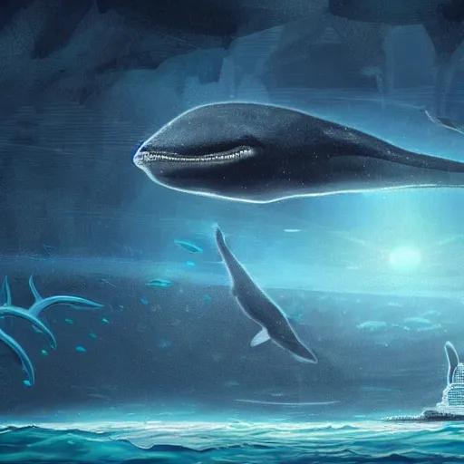 Image similar to a city under the ocean on an alien world, and a whale who feels disconnected from it wistfully watching a spaceship fly away, sci-fi digital art illustration,