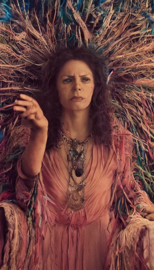 Image similar to movie still by alejandro jodorowsky, portrait of a multicultural beautiful female shamanic cult magician, performing a ritual to manifest dreams, magic details, cinestill 8 0 0 t eastmancolor technicolor, high quality, very detailed, heavy grain, fine facial features, 8 k, octane render