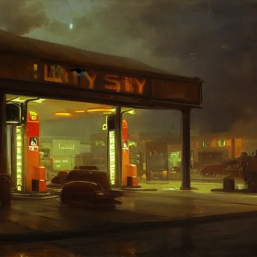 Prompt: painting of artlilery scifi organic shaped gas station, volumetric lights, andreas achenbach