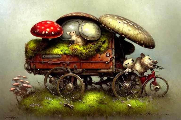 Image similar to adventurer ( ( ( ( ( 1 9 5 0 s retro future robot android fat mouse house wagon mushrooms, flowers, moss. muted colors. ) ) ) ) ) by jean baptiste monge!!!!!!!!!!!!!!!!!!!!!!!!! chrome red