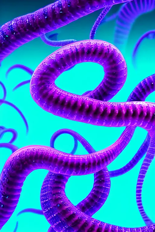 Image similar to high quality close-up photo translucent biomechanic worms! gorgeous purple dots highly detailed hannah yata elson peter cinematic turquoise lighting high quality low angle hd 8k sharp shallow depth of field