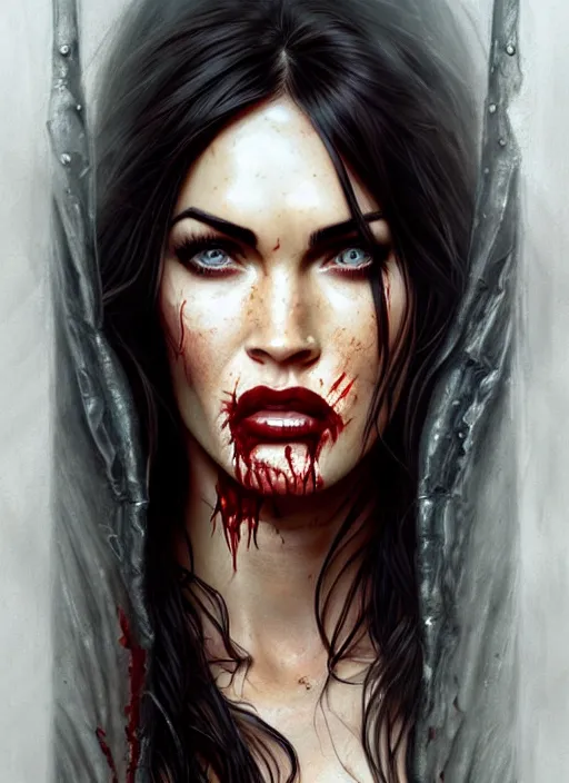 Image similar to portrait of megan fox as bloodthirsty damaged toothsome zombie, once upon a time, intricate, headshot, highly detailed, digital painting, artstation, concept art, sharp focus, cinematic lighting, illustration, art by artgerm and greg rutkowski, alphonse mucha, cgsociety