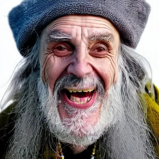 Image similar to a crazy old druid wizard, bald, bushy grey eyebrows, long grey hair, disheveled, wise old man, wearing a grey wizard hat, wearing a purple detailed coat, a bushy grey beard, yellow skin, holding a large wooden staff, sorcerer, he is a mad old man, laughing and yelling