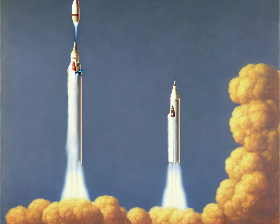 Prompt: an achingly beautiful print of a Saturn V rocket lifting off from the launchpad by Raphael, Hopper, and Rene Magritte. detailed, romantic, enchanting, trending on artstation.