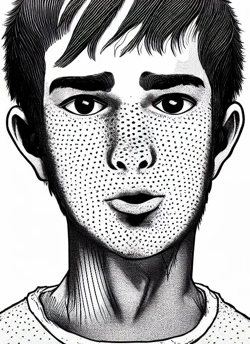 Image similar to portrait of teenage archie andrews, freckles, curly bangs, intricate, highly detailed, illustration, art by junji ito, junji ito