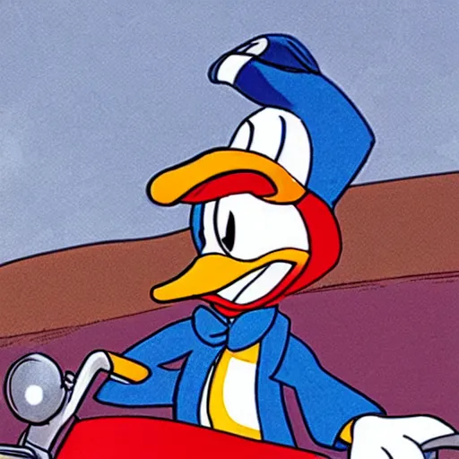 Image similar to donald duck riding a bike, in style of don rosa