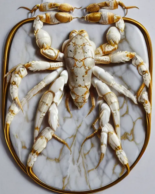 Image similar to white calacatta gold marble, white and gold kintsugi, white marble bas relief carving, feminine, crabs, spiders, scorpions, tarantulas, carving by hr geiger, stunning, highly detailed, intricately detailed, octane, 8 k, trending on artstation