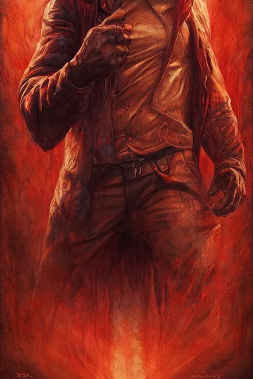 Image similar to red hood. art by tomasz alen kopera and glenn fabry in the style of true detective.