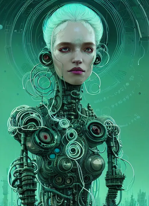 Image similar to highly detailed portrait of a biopunk long curly white hair tribal lady, stray wiring by atey ghailan, james gilleard, by joe fenton, by greg rutkowski, by greg tocchini, by kaethe butcher, 4 k resolution, gradient green, black and white color scheme!!! ( ( green caustic robotic dystopian city background ) )