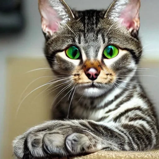 Image similar to cute greyish brown tabby cat mix with light green eyes, slightly weird, mixed with a margay
