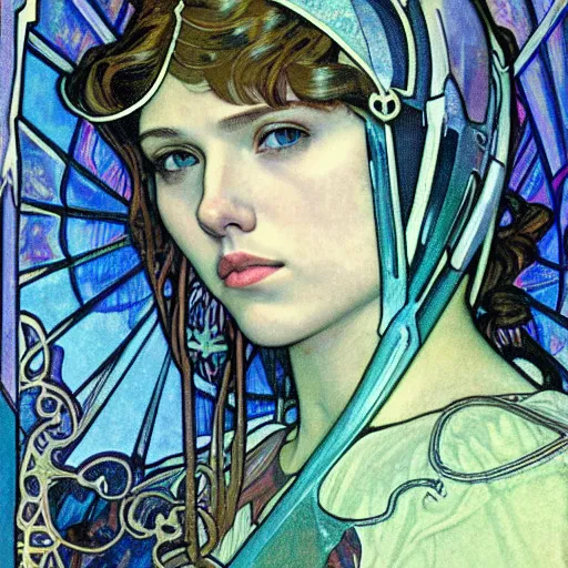 Prompt: realistic detailed face portrait of 16-year old Scarlett Johansson as Joan of Arc wearing iridescent armor by Alphonse Mucha, art nouveau