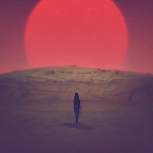 Image similar to A sad spiritual witch standing on mars looking at camera, distant background, red lighting, ominous, moonlight, bokeh, synthwave, psychedelic, glitch, acrylic, flooko, detailed,