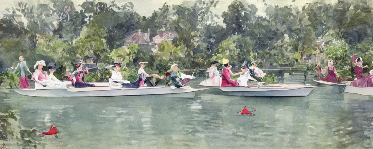 Prompt: a group ladies sailing 1920s pond yachts. Lush garden. Art nouveau architecture