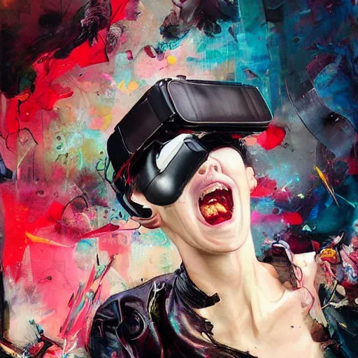 Image similar to grinning woman in a vr headset wearing leather outfit, dynamic energic pose, cyberpunk in the style of adrian ghenie, esao andrews, jenny saville, surrealism, dark art by james jean, takato yamamoto