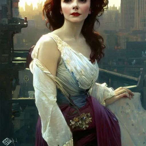 Prompt: a young vivian leigh, city background, dramatic lighting, high detail, painted, by greg rutkowski, painted by stanley artgerm, painted by alphonse mucha, trending on artstation