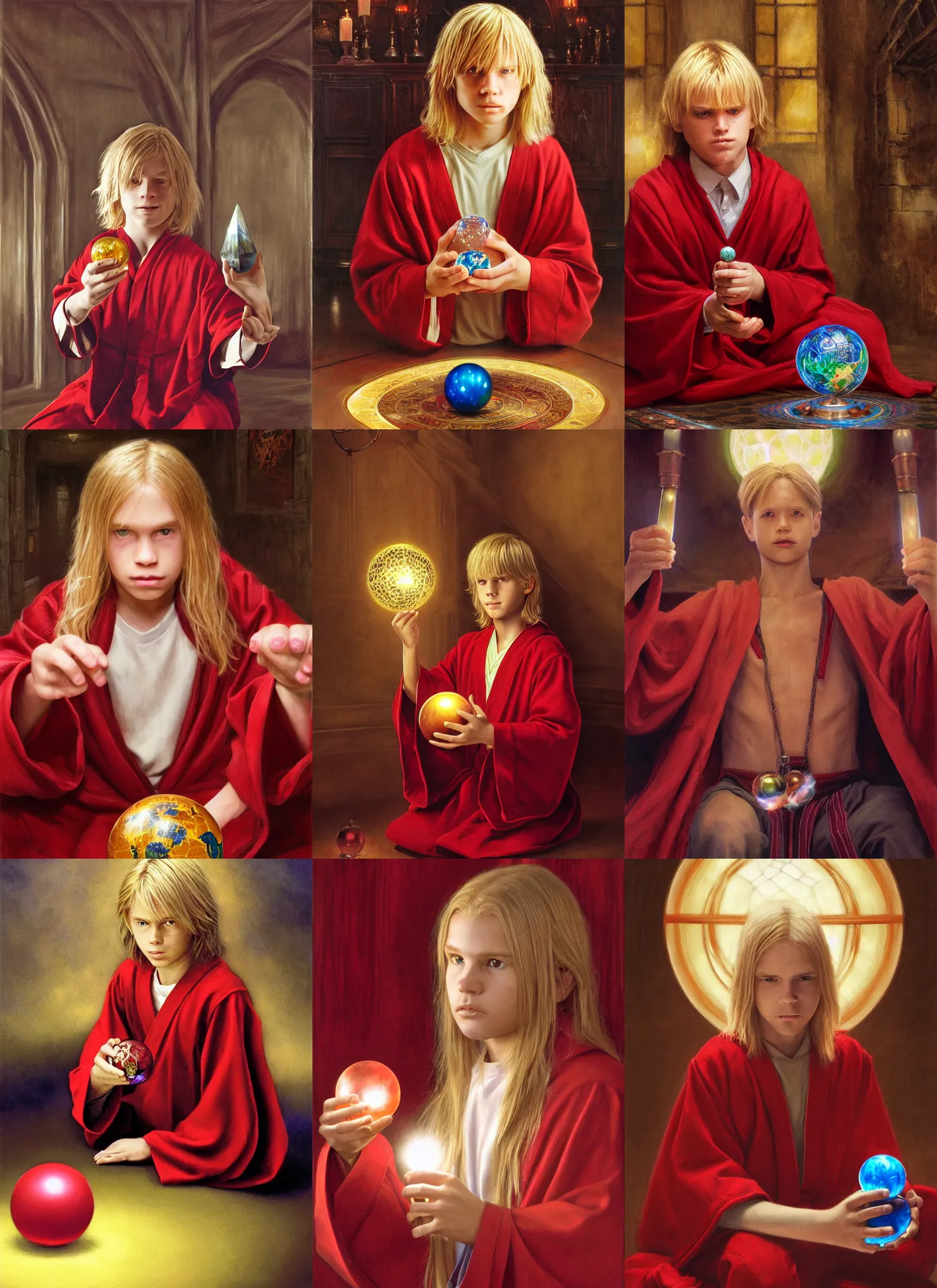 Prompt: portrait of a 1 2 year old white boy with blond medium length hair, sitting on the floor, wearing red sorcerer's robes, holding a crystal ball in his hands and gazing into it, by donato giancola, wayne reynolds, jeff easley dramatic light, high detail, cinematic lighting, artstation, dungeons and dragons