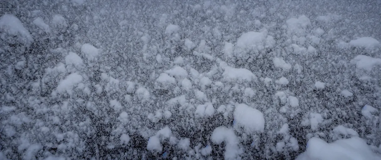 Image similar to a high quality color creepy atmospheric extreme closeup shot hd 4 k film 3 5 mm photograph of very heavy snow fall blizzard in desolate antarctica