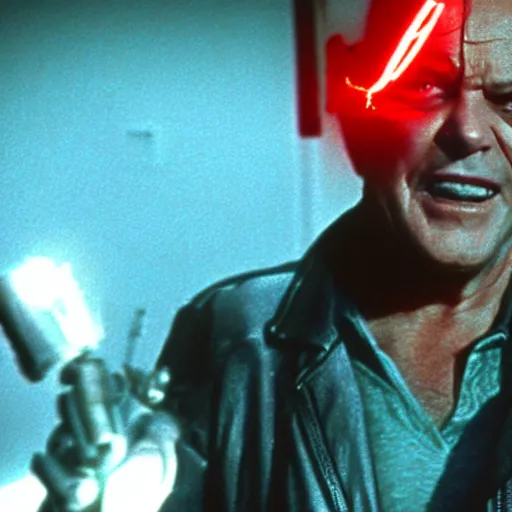 Image similar to VFX movie where Jack Nicholson plays the Terminator with a glowing red eye